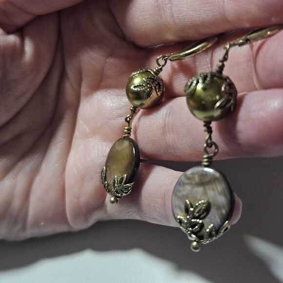 Gold Tone Dangling Green And Brown Beaded Earrings - Picture 2 of 8